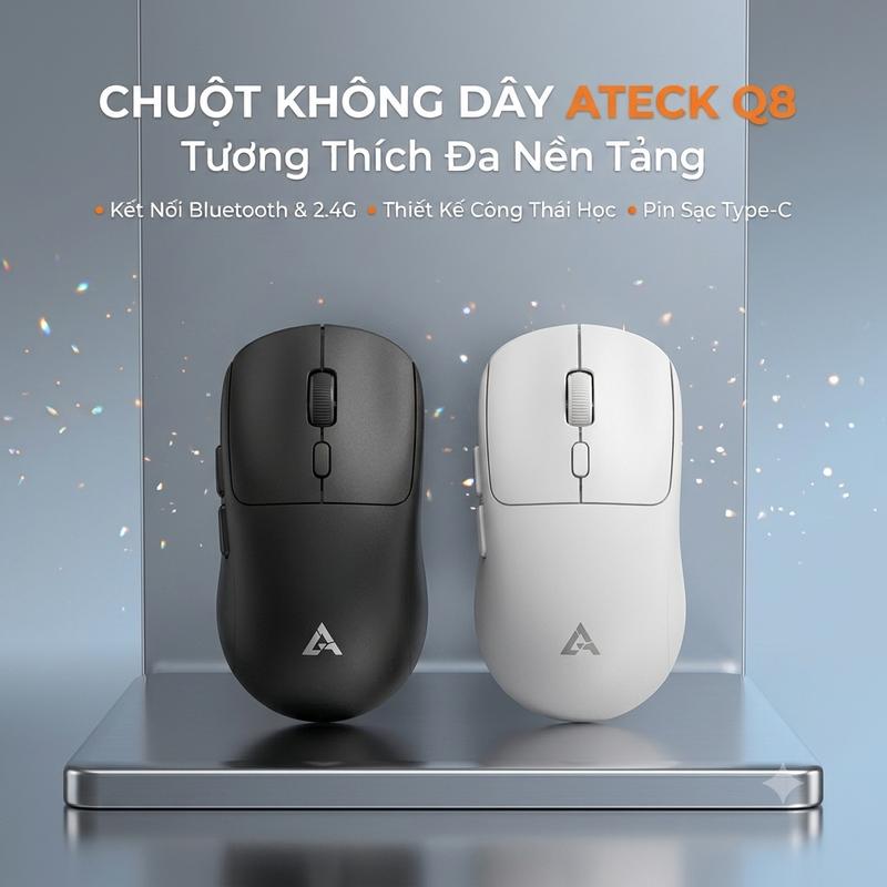 Chuột Không Dây Ateck Q8 Sạc Type-C, 2 Chế Độ USB + Bluetooth, Click Silent