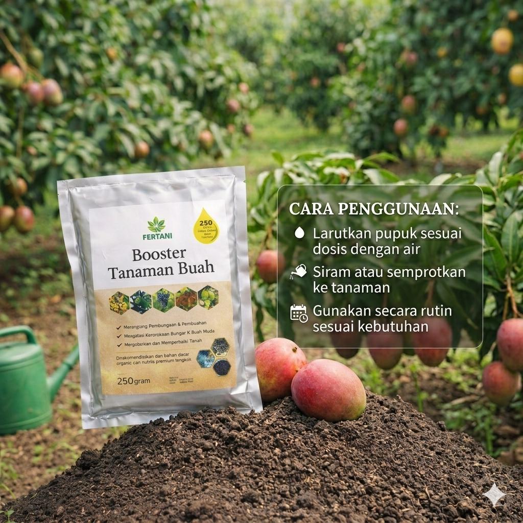 Pupuk Booster Tanaman Buah Membantu Merangsang Pembungaan dan Pembuahan, Mempercepat munculnya bunga, Mengurangi Kerontokan Bunga dan Buah Muda, Buah Tumbuh Lebih Optimal, Menjaga Kesuburan Tanah, dan Mendukung Hasil Panen Lebih Maksimal