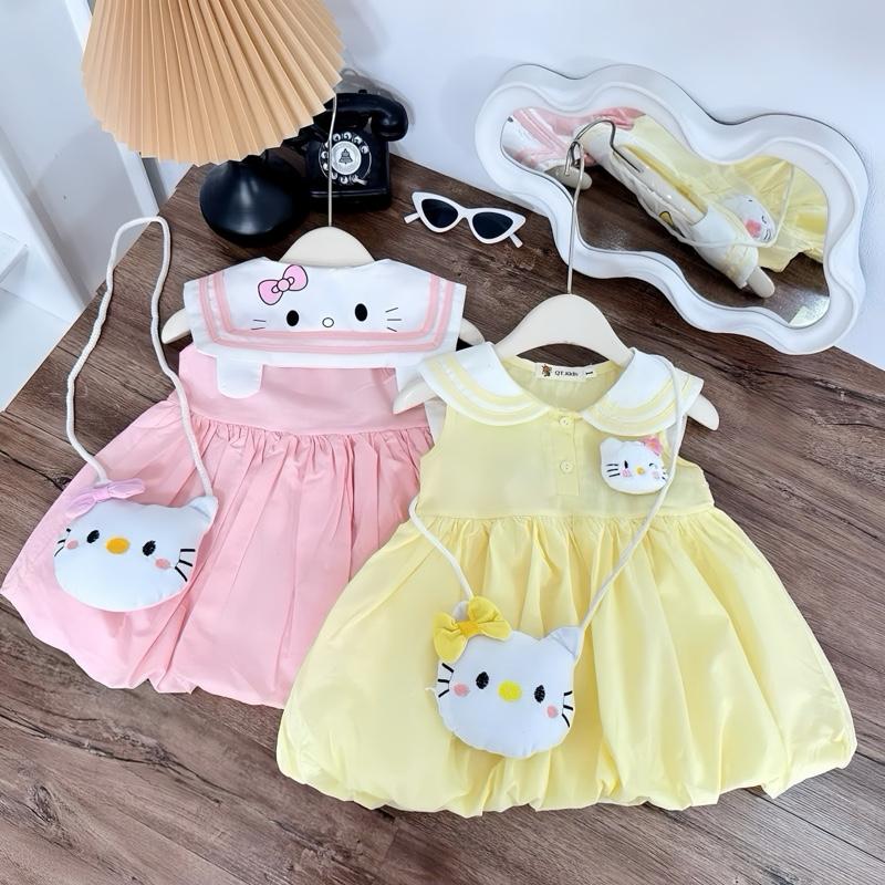 Mekembean x TẶNG TÚI BÔNG KITTY Váy kitty xinh yêu cho bé chất đũi mềm mát váy bé gái đầm bé gái 6-30kg