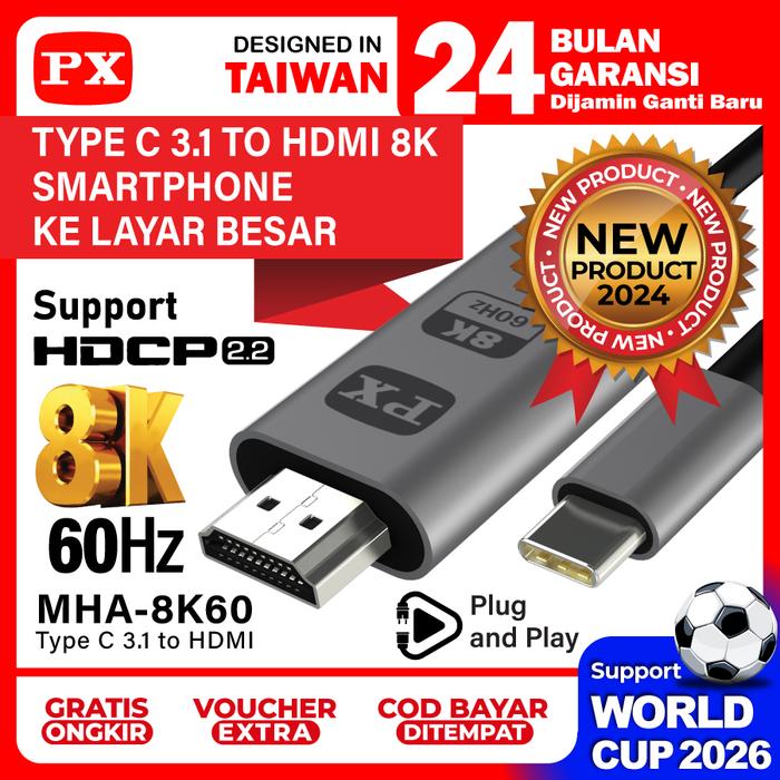 Gambar Kabel HDMI Type C 3.1 to HDMI Dongle MHL Mirroring Cable 8K 60Hz Anycast Dongle Miracast Mirascreen Ezcast Converter Smartphone Tablet HDCP 2.2  Kabel HDMI HP ke TV Monitor Proyektor PX MHA-8K60 dari PX Official Store Kota Administrasi Jakarta Utara Tokopedia