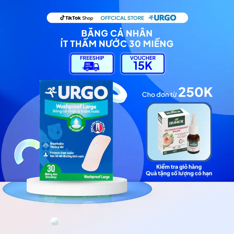 Băng Cá Nhân Ít Thấm Nước Bản Lớn Urgo Washproof Large 3.8cm x 7.2cm (Hộp 30 miếng) 0