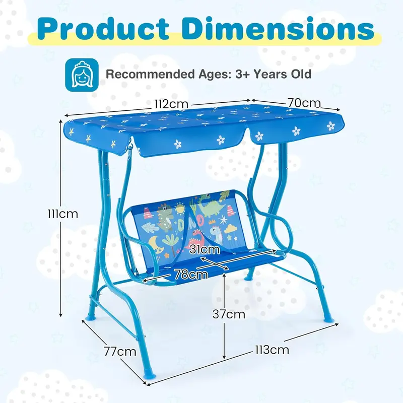 GYMAX Kids Patio Swing Chair, 2 Seats Garden Swing Bench with Adjustable Canopy and Safety Belts, Porch Swinging Lounger Seater for Outdoor & Indoor 3