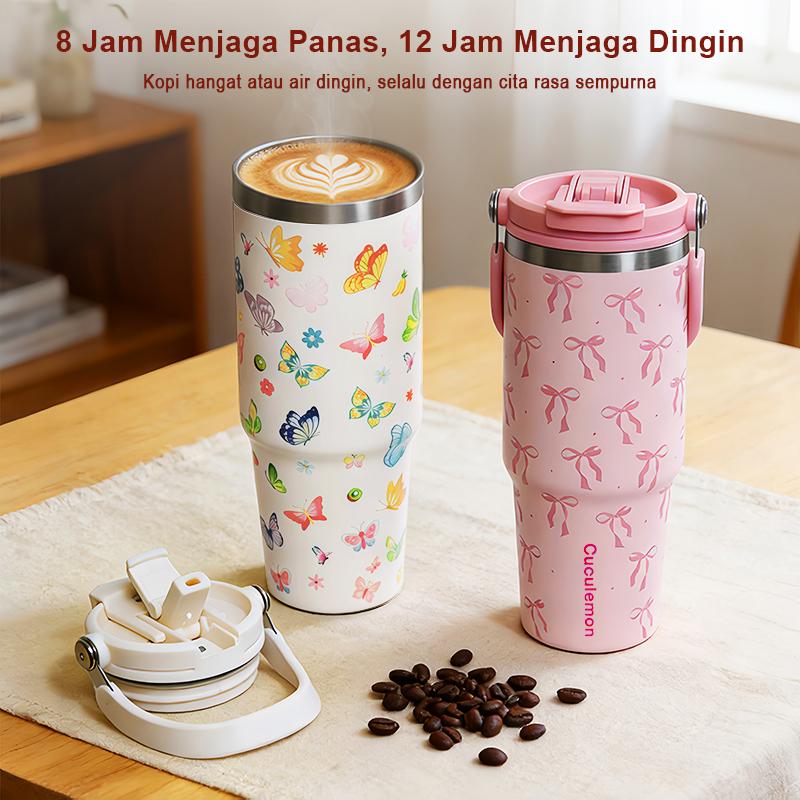 CucuLemon Tumbler Stainless Vacuum 890ML Botol Minum Besar Termos Anti Kebocoran Desain Kupu-Kupu Cantik & Merah Muda Pita