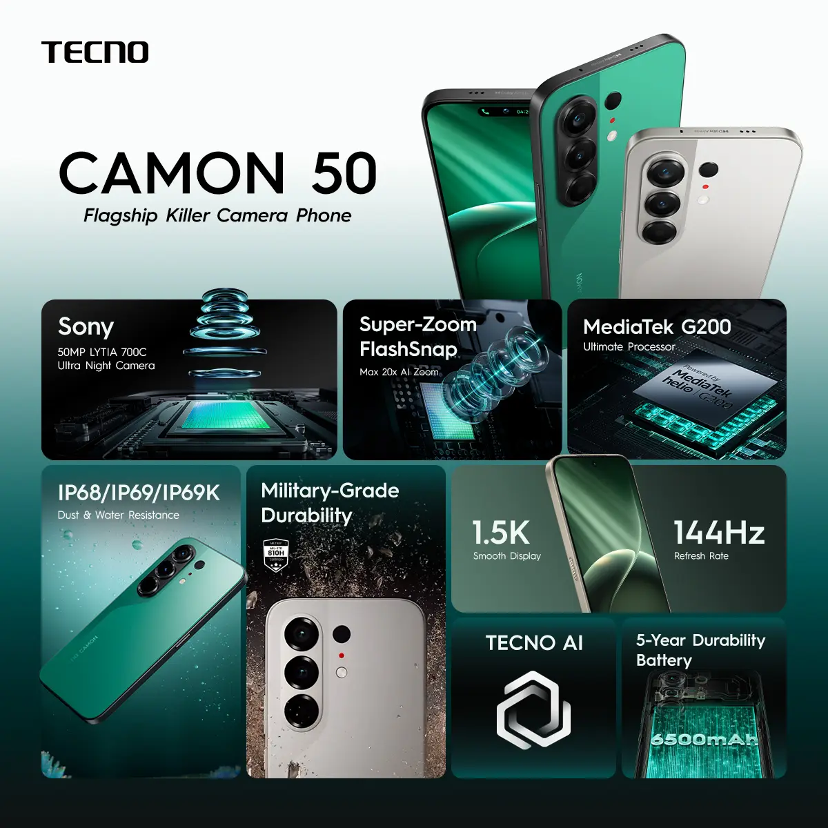 [NEW] [SUPERZOOM FLASHSNAP] TECNO CAMON 50 8GB+8GB*/256GB, 50MP Sony + 8MP Ultra Wide, 32MP Front Camera, 1.5K 144Hz AMOLED, Mediatek Helio G200 Ultimate , IP69K, 45W Ultra Charging, camon50