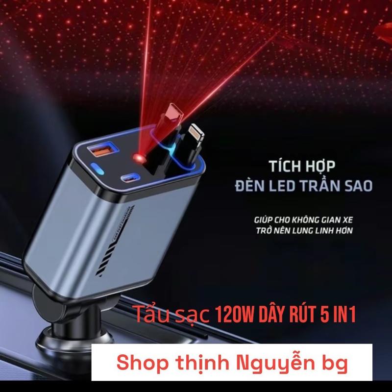 Tẩu sạc 5in 1 dây rút tích hợp đèn led sao chiếu trần xe ô tô