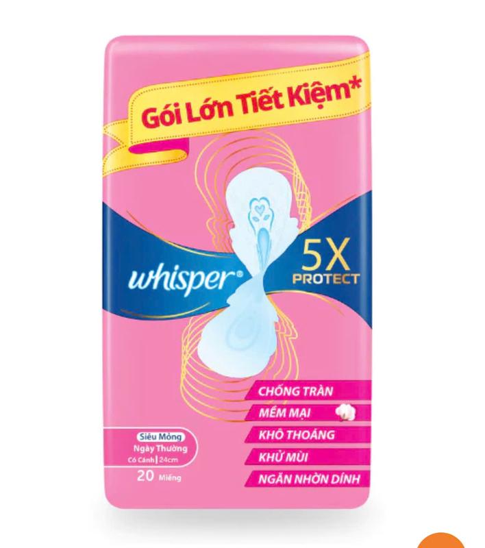 24cm - 20 Mếng Gói - 1 Gói Băng Vệ Sinh Whisper Skin 5X Protect 24cm Siêu Mỏng Cánh Cho Ngày Thường 20 Mếng Gói