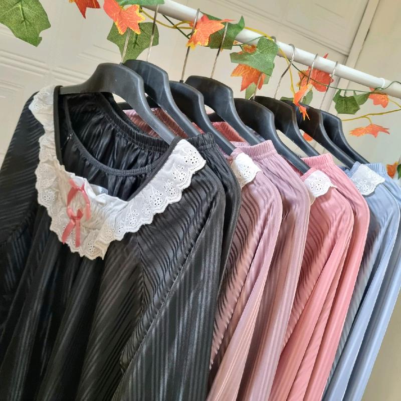 [MIS3131] Oneset Baju Tidur Piyama Wanita Lengan Panjang Celana Panjang Motif Polos Atasan Renda Setelan 5