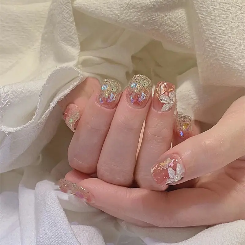 B735 kuku palsu pendek fake nails pendek bunga warna soft simple elegan 0