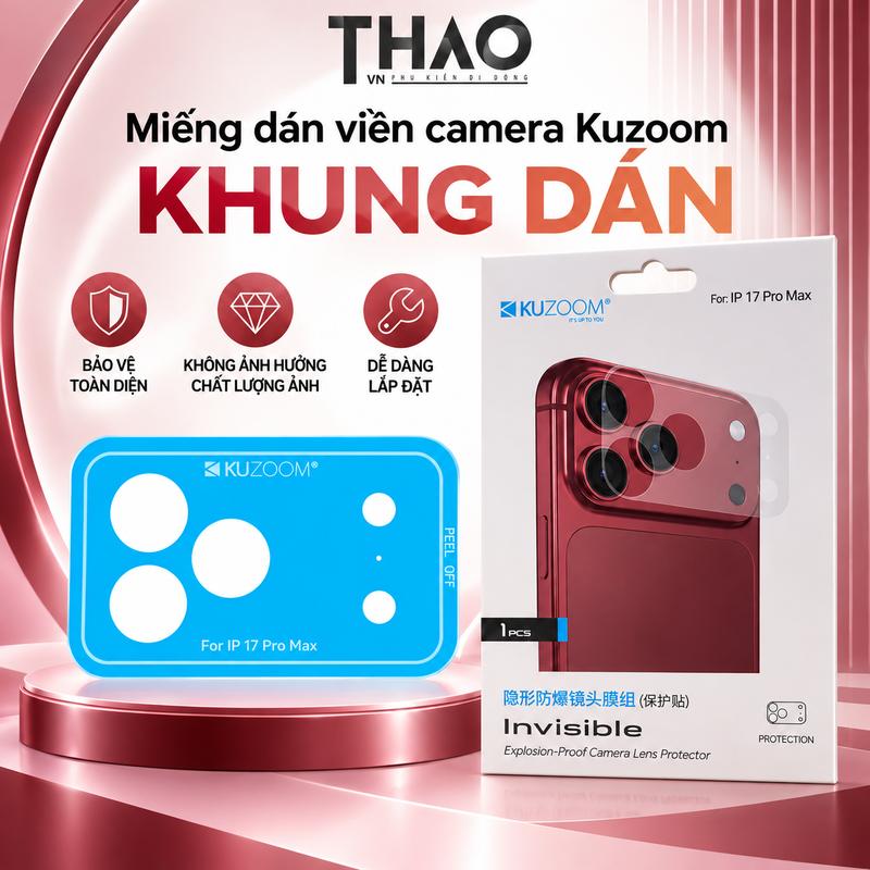 Miếng dán film Kuzoom nhám bảo vệ viền camera dành cho iPhone 17Pro & 17Promax, có khung trợ dán, tặng kèm miếng dán mặt lưng