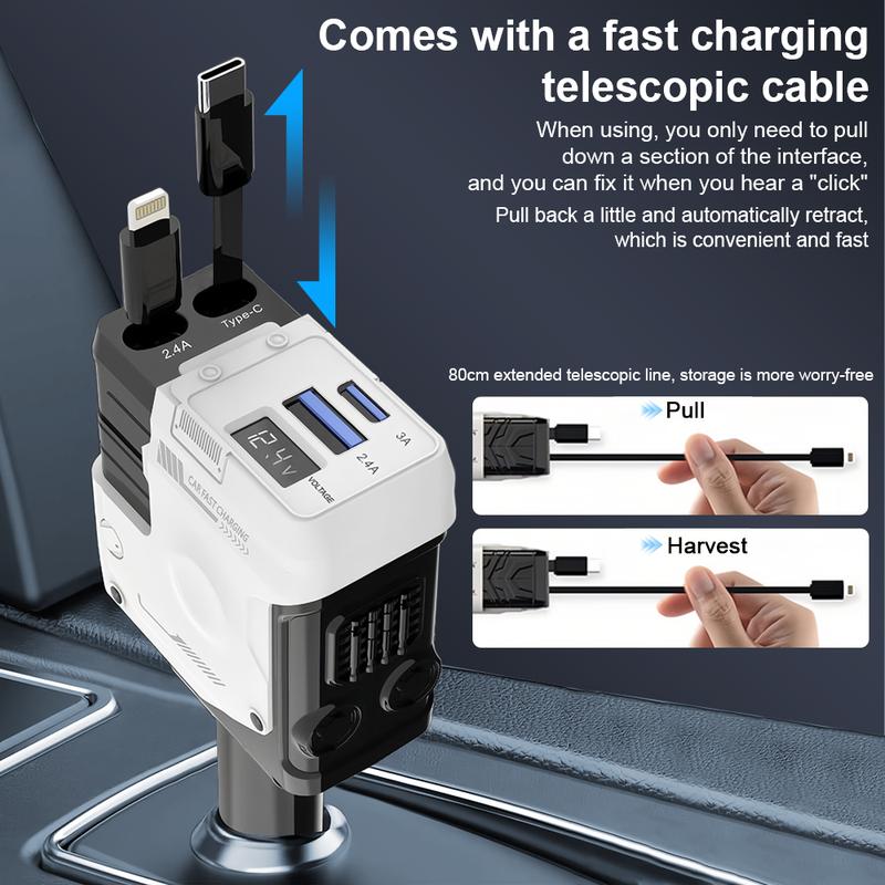 Product Introduction of SANSONIC Car Charger 4in1 Type-C USB 66W 12-24V Retractable Cable 2 USB Port Charger For All Smartphones 24
