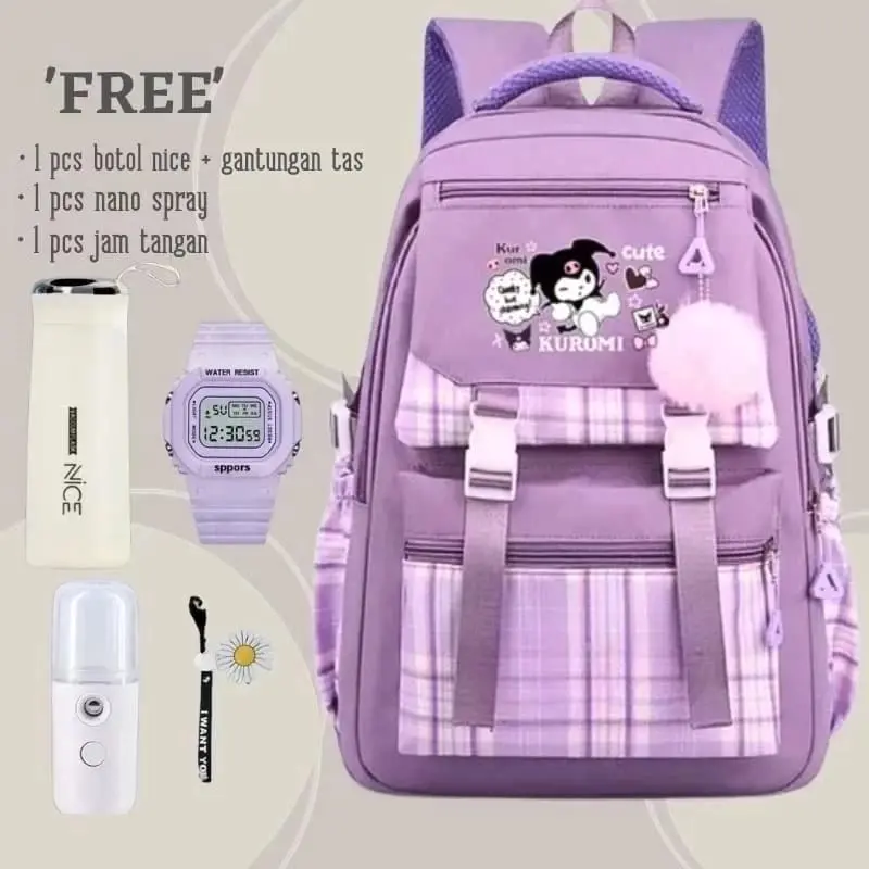 Tas Ransel Anak Perempuan Kuromi Bags Tas Sekolah Free Botol Minuman Nano Spay Jam Tangan Gantungan Lucu BISA COD Fashion Sekolah Wanita Aksesoris 2