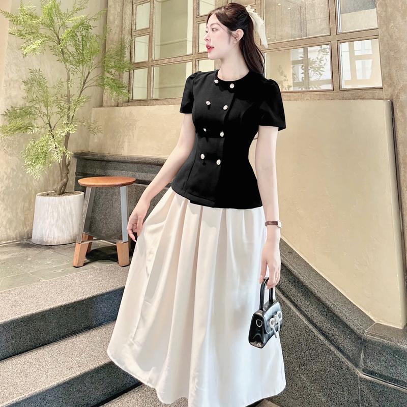 288- Set Nữ Áo Peplum Cổ Tròn Tay Phồng Đính Nút Kèm Chân Váy Midi Xếp Ly Phù Hợp Đi Chơi Làm Tiệc Phong Cách Vintage Sang Trọng Size S M L