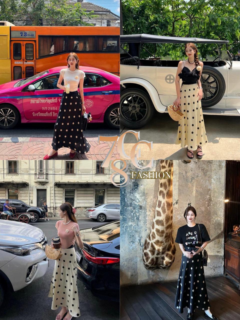 Cicishop(6033)กระโปรงยาวผ้าพริ้ว ดีเทลลายจุด ใส่วันสบายๆสไตล์เกาหลี