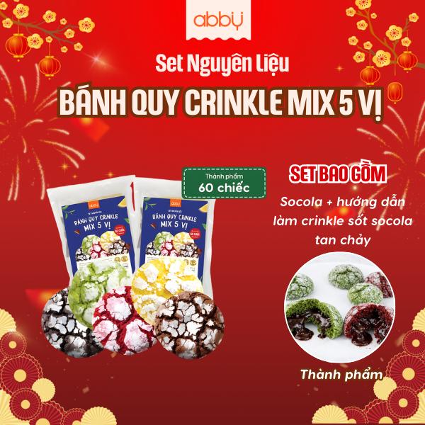   ABBY - TẶNG TÚI ĐỰNG  Set Nguyên Liệu Làm Bánh Crinkle Cookie Mix 3 Vị 5 Vị - Nhân bánh sốt socola tan chảy- Thành phẩm 60 bánh set -  Bột Trộn Sẵn Tiện Dụng - Nguyên liệu làm bánh quy phủ đường 
