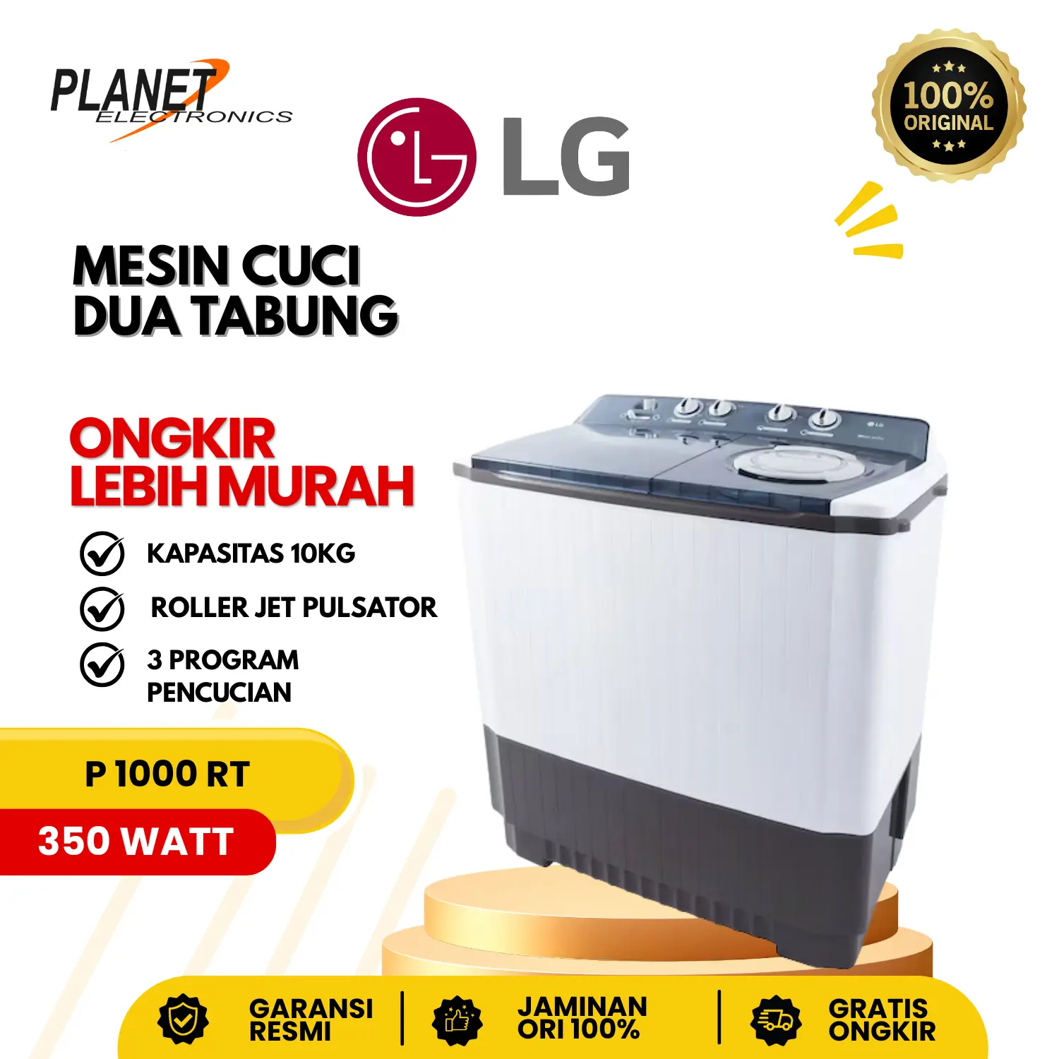 Mesin Cuci 10Kg LG Dua Tabung Roller Jet Pulsator P 1000 RT Garansi Resmi