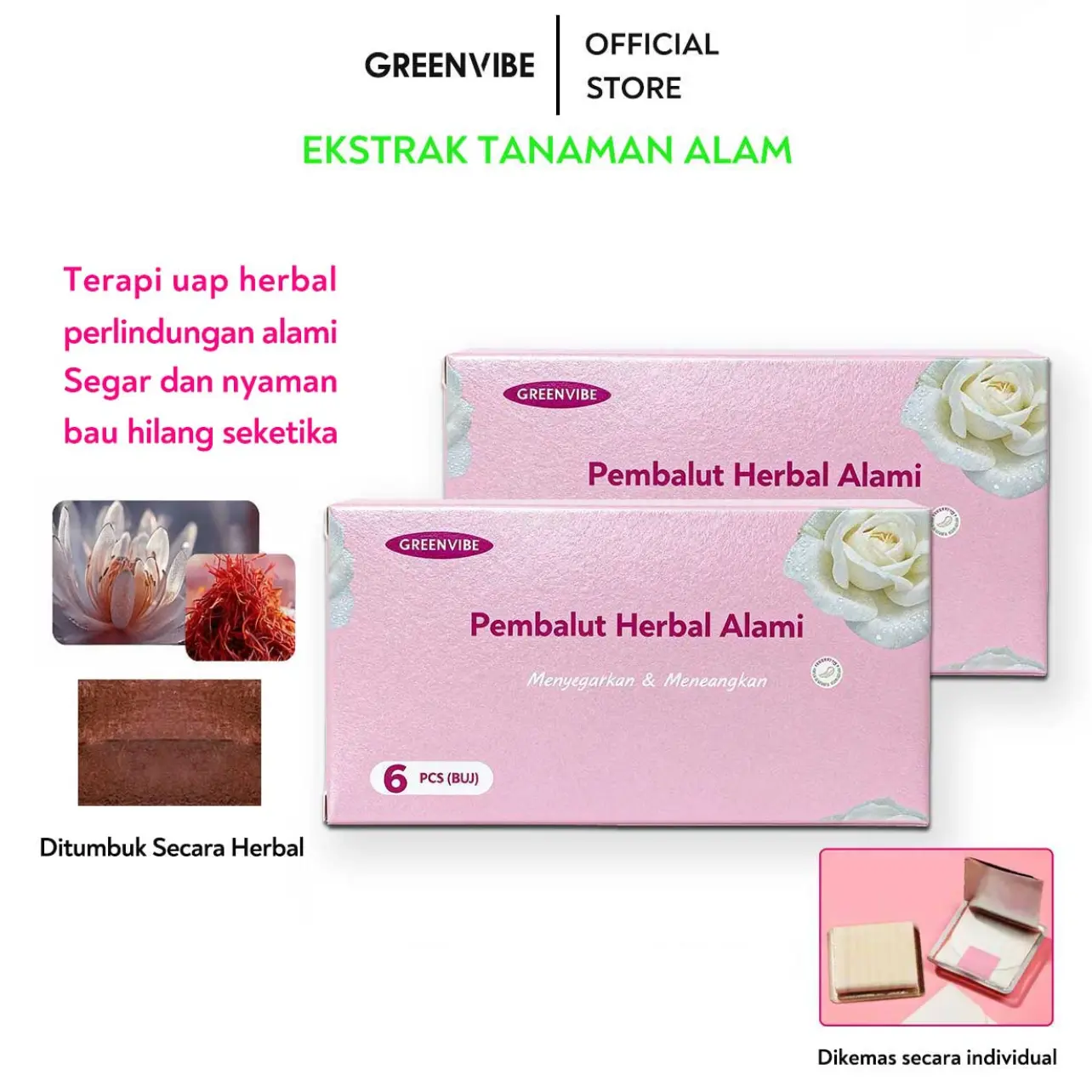 GREENVIBE Pembalut Herbal: Hilangkan bau tidak sedap, rawat area kewanitaan, atasi keputihan dan gatal-gatal. Mengandung 14 bahan herbal 【0 bahan kimia】 untuk kesegaran maksimal. Isi 6 lembar per kotak. Feminine Wangi