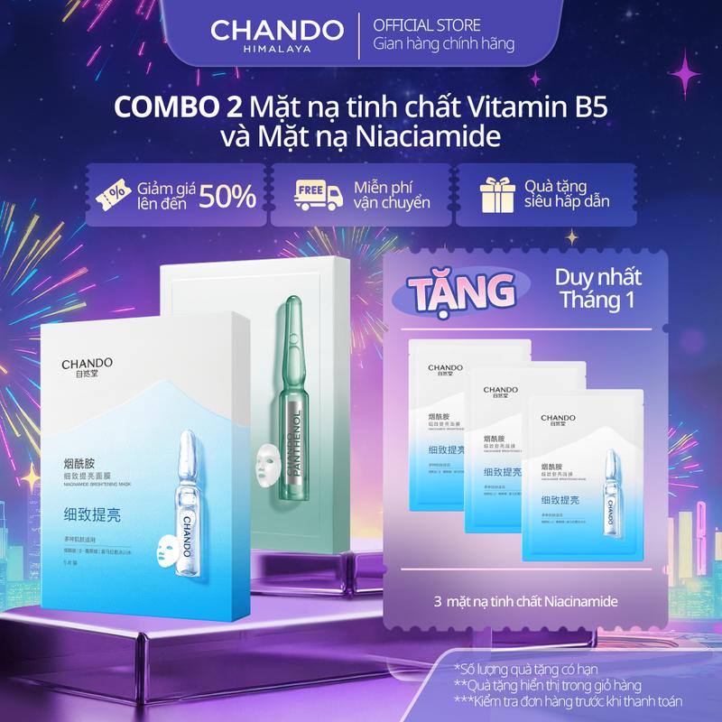  Hộp Mặt Nạ Tinh chất CHANDO Himalaya 5 miếng x 28ml  Chọn 1 trong 2 loại:  Hỗ trợ dưỡng sáng Niacinamide Hỗ trợ da nhạy cảm Penthanol  