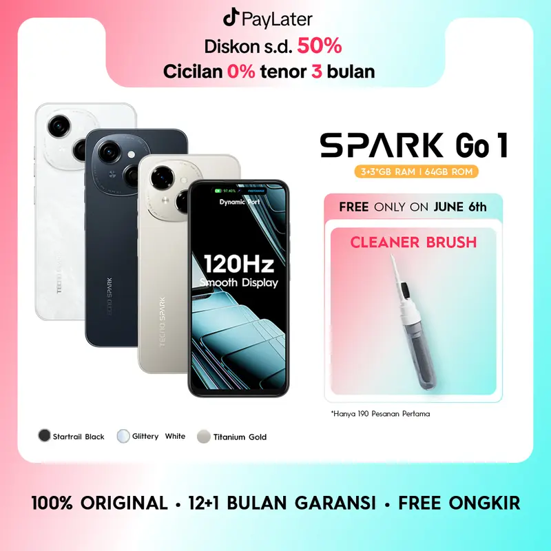 [LAST STOCK] TECNO SPARK Go 1 – 3+3GB*+64GB, 120Hz Display, T615+4.5G Network, 5000mAh+15W, IP54, Android 14, Garansi 12+1 Bulan 0