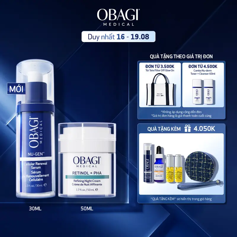 Bộ đôi Serum kích hoạt năng lượng tế bào OBAGI NU-GEN 30ml & Kem Dưỡng Làm Mới Và Duy Trì Độ Tươi Trẻ Làn Da Ban Đêm Obagi Medical Retinol + PHA 50ml