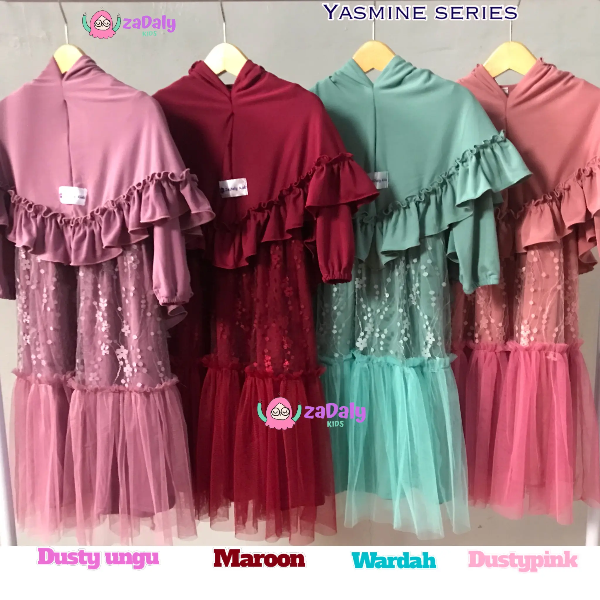 Yasmine series, gaun pesta anak/gaun pesta anak baju bunga Gamis Muslim Panjang Tile Dress