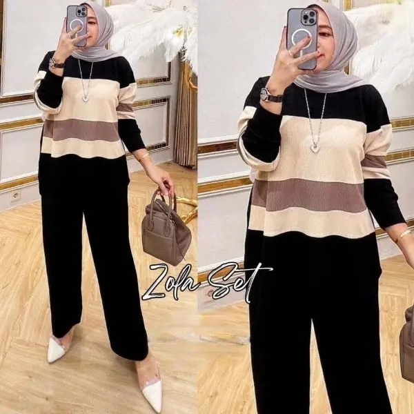 ONE SET ZOLA KOMBINASI BAHAN CRINGKEL AIRFLOW ONE SET WANITA REMAJA LENGAN PANJANG