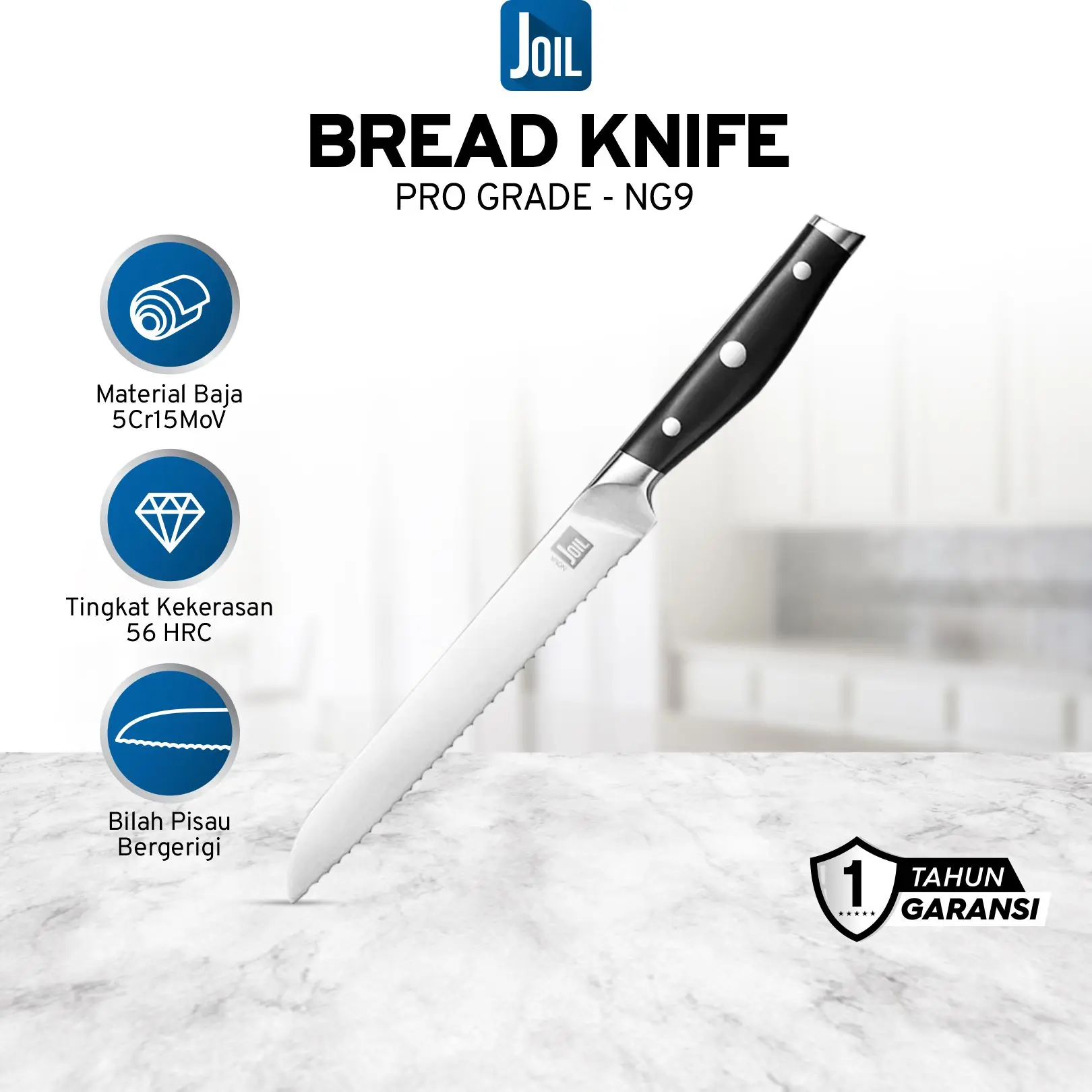 Joil Pisau Roti Bread Knife Baja 20 cm Stainless Steel Full Tang - NG9