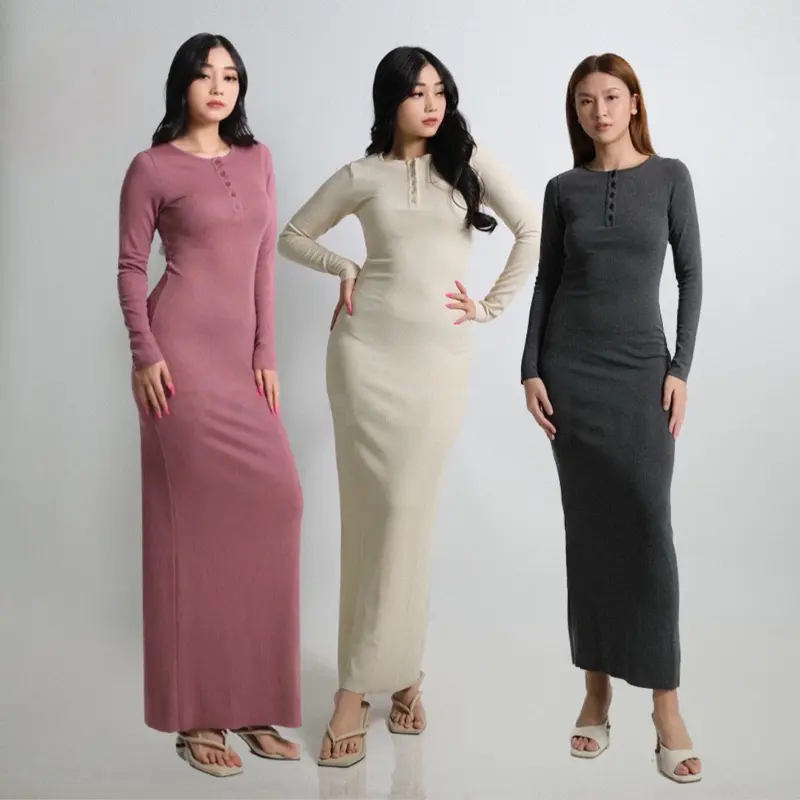 DRESS KNIT KANCING KOREAN STYLE LONG DRESS TERLARIS KNIT RIB