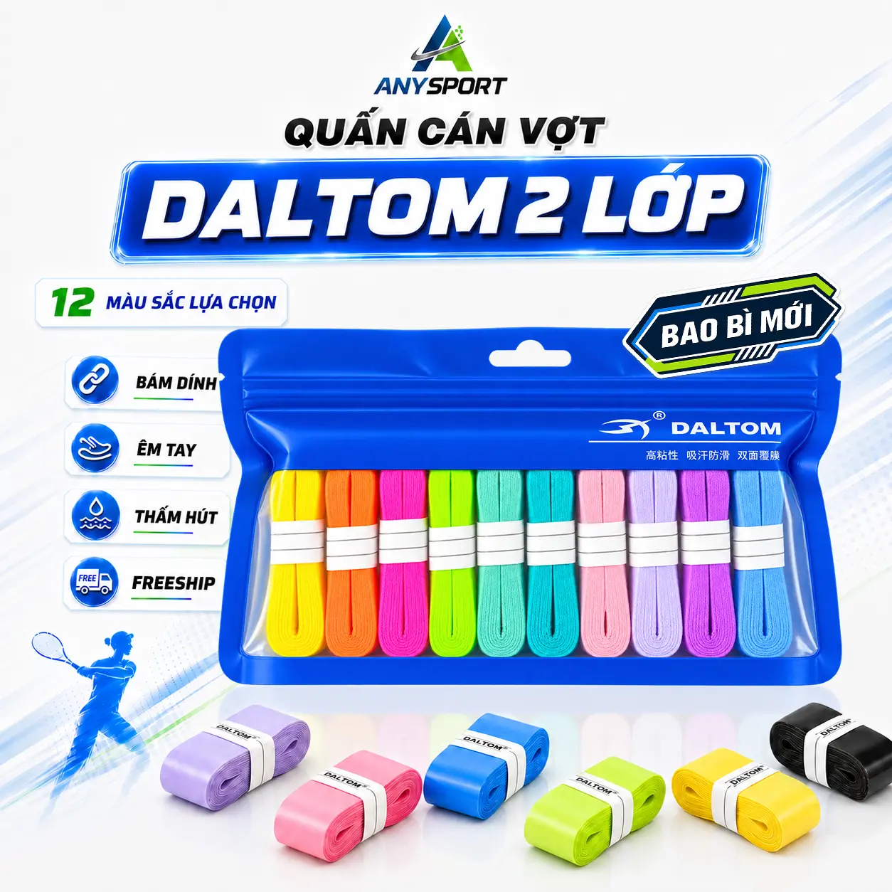 DALTOM Quấn Cán Vợt Chống Trượt Combo 5 – 10 Overgrip, Băng Chống Trượt Bám Tay Không Trơn, Êm Tay, Hút Mồ Hôi Cầu Lông, Tennis, Pickleball, 12 Màu Sắc Nổi Bật