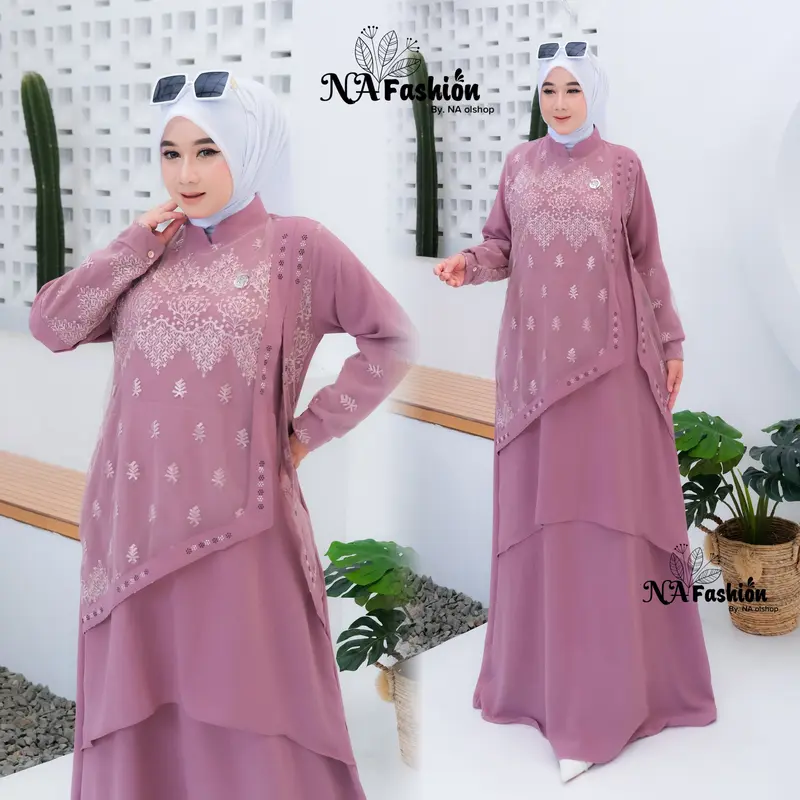 Na Fashion- NAMIRA Dress Gamis Malaysia Kombinasi Brukat Bahan Crinkle Premium mix brokat sapto minimalis cantik mewah elegant 1
