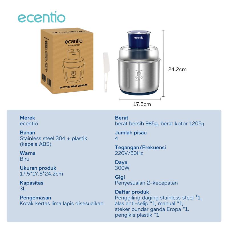 Product Introduction of 【INDY TIARAS exclusive】【2pcs】ecentio Food Chopper 3L +Mini Chopper Blender Stainless steel 304 Penggiling Daging Sayur Meat Grinder Kova Kraser 5