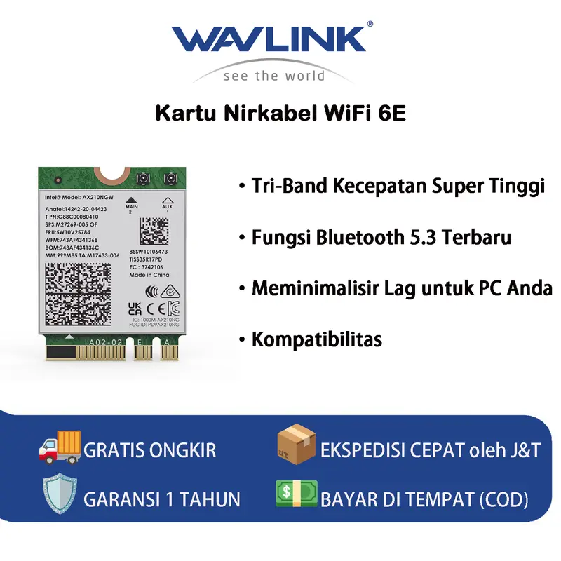 WAVLINK Kartu Nirkabel  WiFi 6E, Adaptor Jaringan Intel AX210 Tri-Band 5400Mbps 2.4GHz / 5GHz / 6GHz dengan Bluetooth 5.3 untuk Laptop, Latensi Sangat Rendah, Mendukung Windows 10 / 11 (64bit) M.2 / NGFF 0
