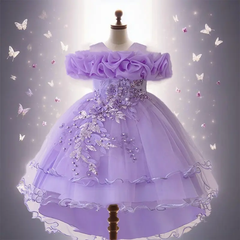 0031 Tween Girl Ruffle Princess Party Dress Bridesmaid Tutu Gown Flower Girl Pageant Dress Beading Embroidered Floral Dress Flower Girl Wedding Party Gown