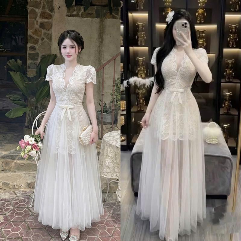 [Có bigsize] Đầm ren cổ V form dài phối tùng lưới bồng xoè sang trọng nơ eo Kho Sỉ Hải Chuyền Đ508