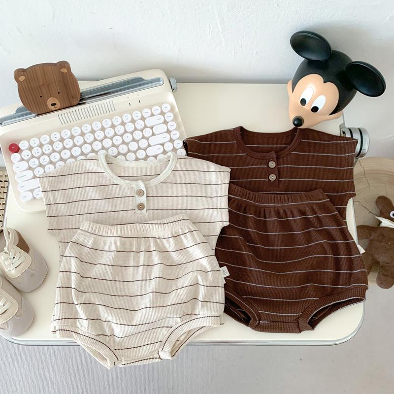 Bộ Đồ Sọc Thường Ngày Dễ Thương Cho Em Bé Hàn Quốc, Bộ Hai Mảnh, Áo Ngắn Tay Và Quần Đùi Bông Mùa Hè, Thời Trang