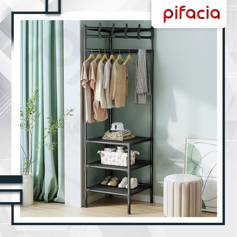 PIFACIA Rak Baju Sudut Gantung Stand Hanger Portable Lemari Perkakas Pakaian Topi Tas Penyimpanan Serbaguna 0