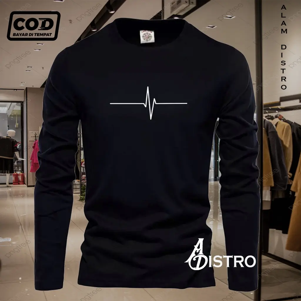Alam Distro88 COD Kaos Distro Lengan Panjang Detak Jantung Text Putih Premium Quality Lengan Panjang Kaos Keren 2022 Tulisan Kaos Kata-Kata Kaos Sablon Big Size