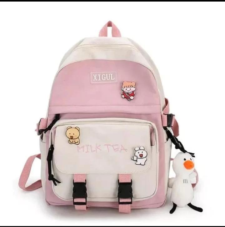 Tas Ransel Sekolah Milk Tea/Karakter Kanvas Backpack Wanita 4
