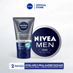 NIVEA MEN X Real Madrid Package - Extra Bright Mud Foam Face Wash & Creme | Mud Foam 100ml + Creme Moisturizer 30ml