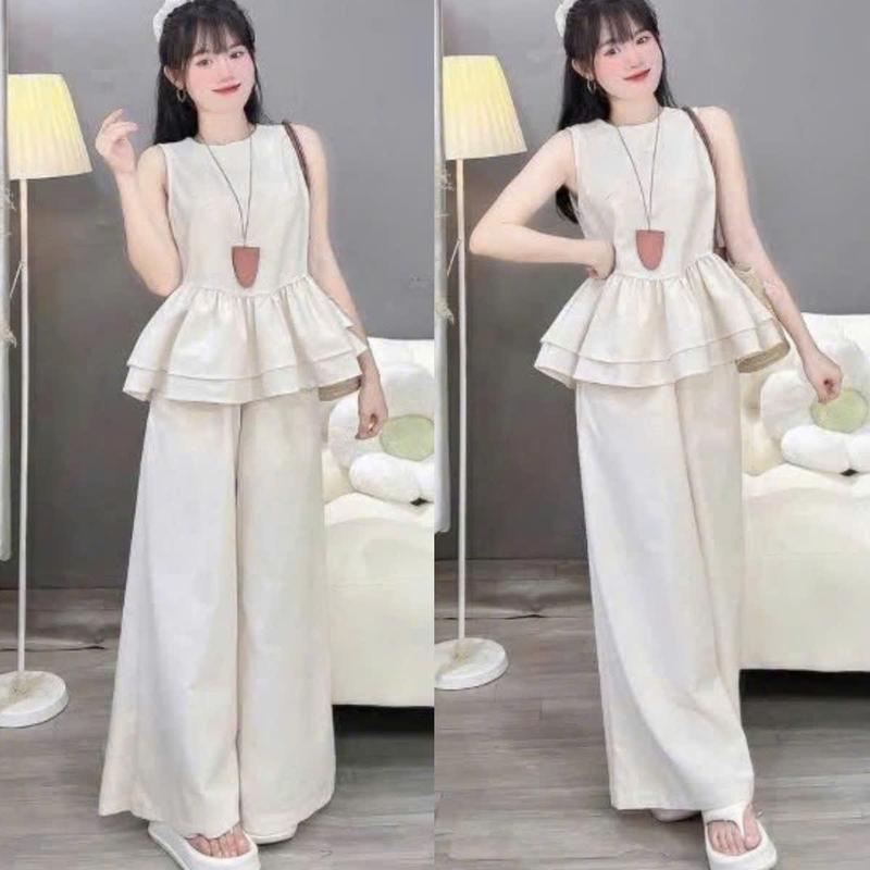 Set bộ quần suông phối áo cỗ tròn không tay nhún eo chất tuyết mưa cao cấp thoitrang nu quang chau bộ áo phông quần kẻ caro sét bí bồng lệch vai xoắn tay