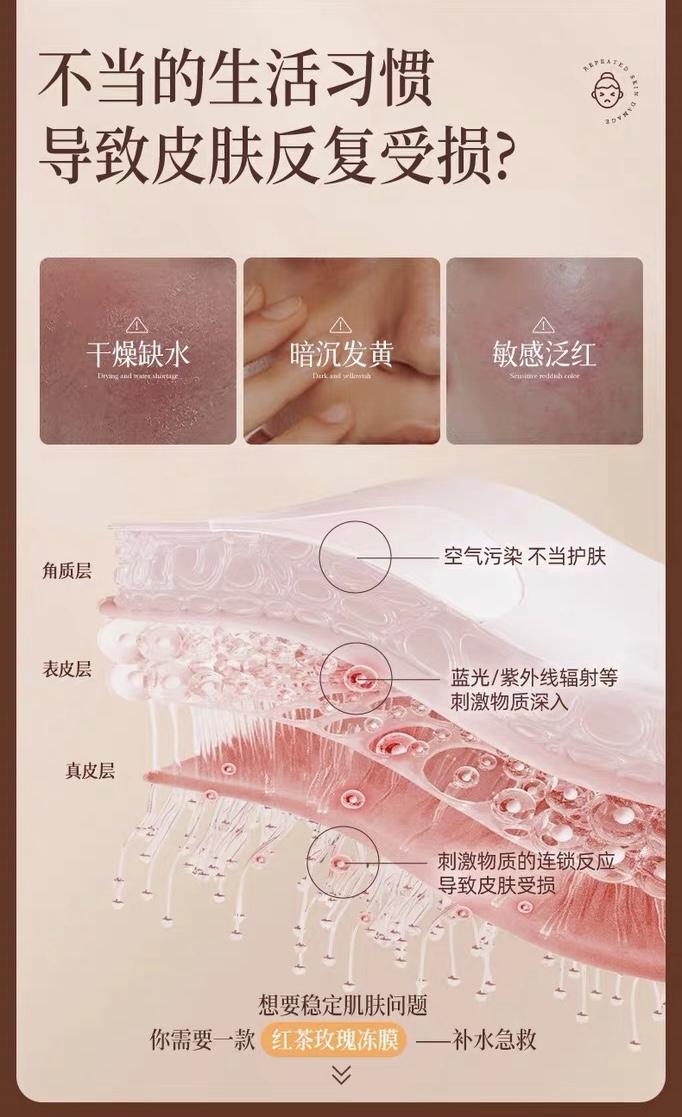 Product Introduction of VSHELL Black tea rose wash-free sleep mask nicotinamide hydrating moisturizing soothing anti-oxidation staying up late brightening applying frozen film. Moisture Skincare Gel Moisturizer Moisturize Hydrate Skin Repair Comfort 3