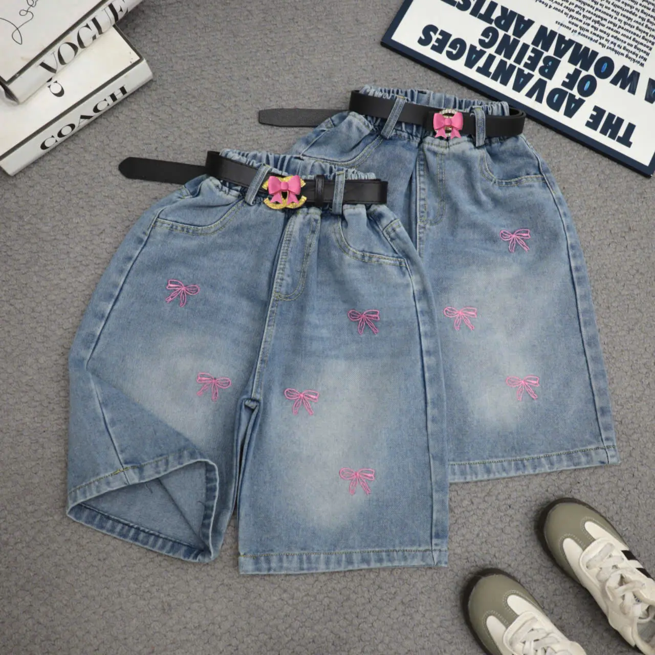 ( N603 ) Short Jeans Bé Gái Thêu Nơ Hồng, Ngang Gối, Quần Sooc bò Bé Gái Sành Điệu 16-50kg -JIMMY PA & BABY