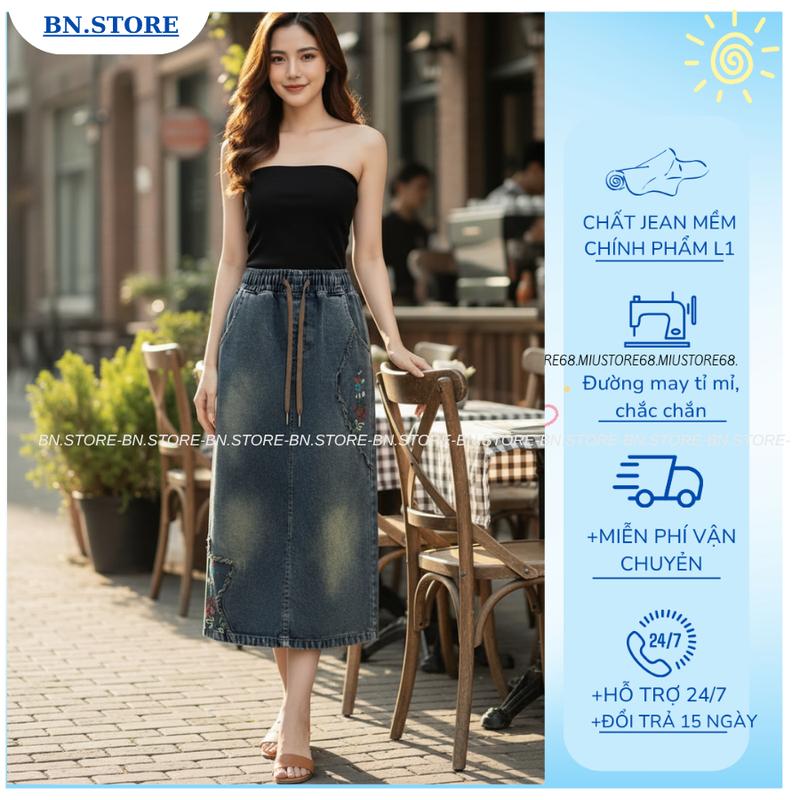 DEAL MỞ BÁN Chân Váy Jean Dáng Dài Cạp Chun Thêu Hoa Có Dây Rút Lưng Cao Vải Jean Mềm Chân Váy Jean Xẻ Tà Sau Women Voan Voi Mã M015