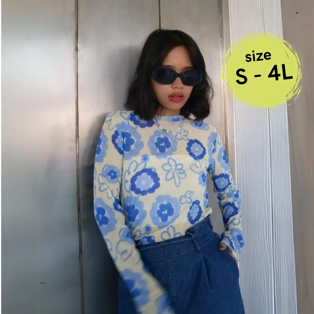 House of KYNY  - Ethereal Blue Mesh Top | Atasan Wanita Print Shirt Motif