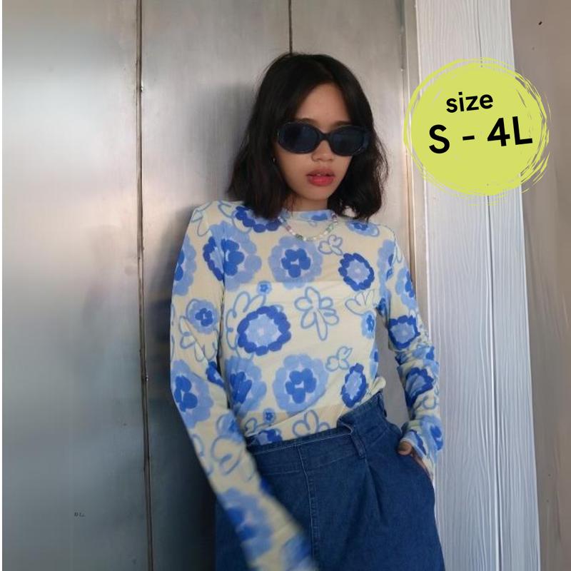 House of KYNY  - Ethereal Blue Mesh Top - Atasan Wanita Print Shirt Motif - Outfit Konser 2
