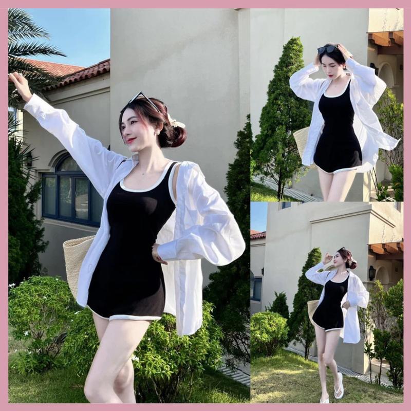 Sét Jumpsuit nữ ba lỗ phối viền form ngắn mix áo khoác sơ mi với 2 tone màu đơn giản diện đi chơi, đi biển siêu xᶖnh váy  nữ