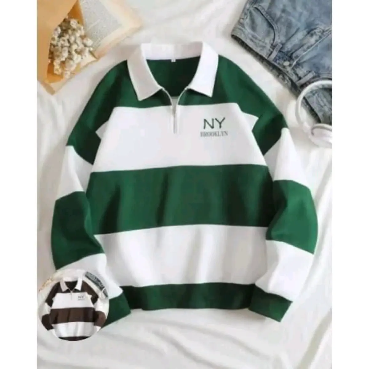 sweater/jaket rugby kerah sleting kombinasi stripe Sablon NY Brooklyn atasan dewasa pria/wanita