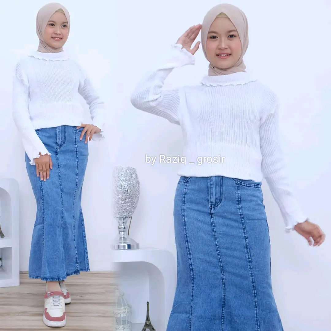 Setelan Anak Perempuan Rajut Kriwil Rok Duyung Jeans Terbaru Fashion