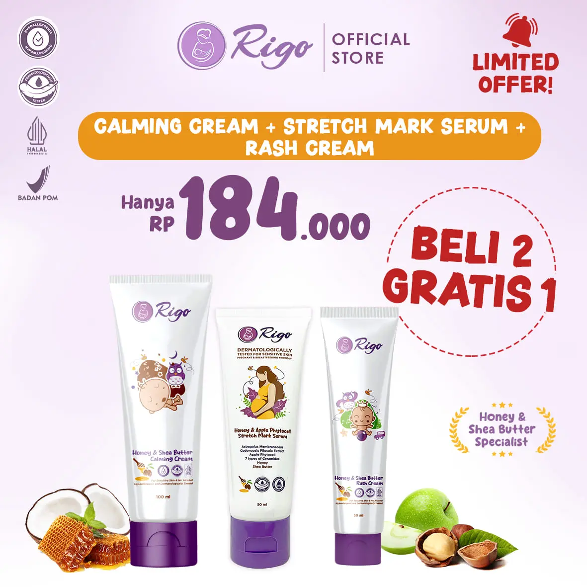 Rigo Limited Edition Buy 2 Get 1 I Calming Cream 100ml + Stretch Mark Serum 50ml + Rash Cream 50ml
