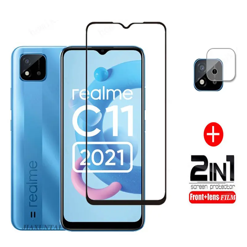 2 in 1 For Realme C11 2021 Tempered Glass Full Cover Film for Realme C55 C53 C51 C30s C33 C30 C31 C35 C25 C25s C25Y C21Y C21 C17 C15 C12 Full Cover Screen Protector Camera Lens Film