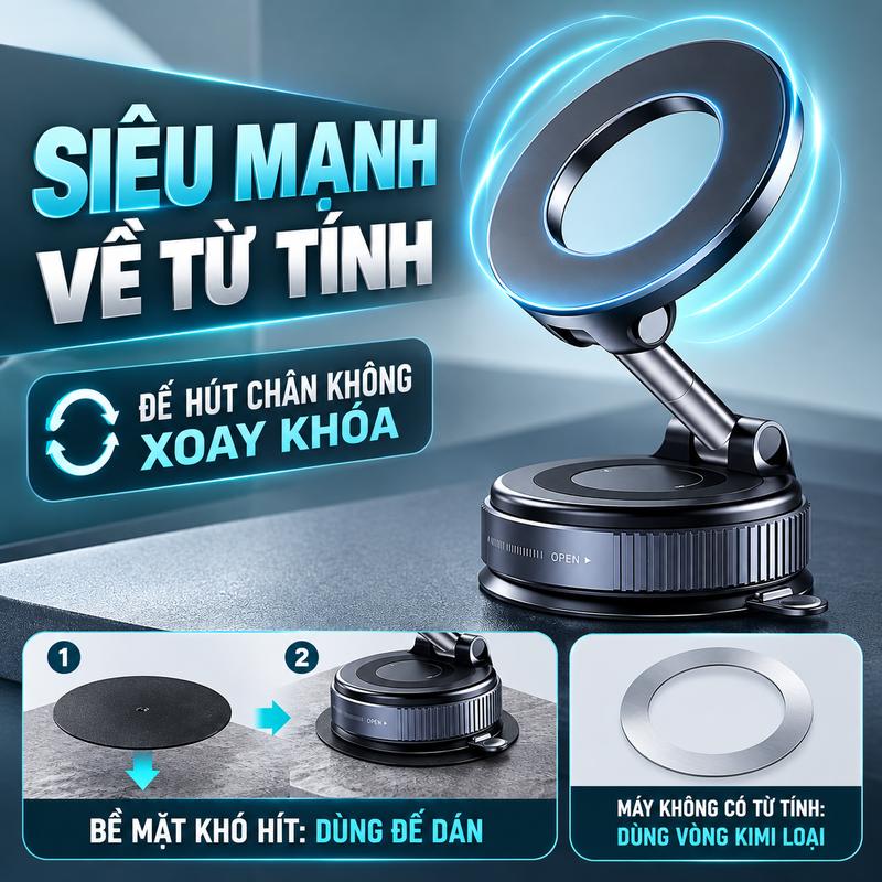 Giá đỡ điện thoại từ tính xoay 360° siêu chắc, gấp gọn tiện lợi, hút chân không bám cực dính, dùng cho ô tô – văn phòng – gym – lái xe